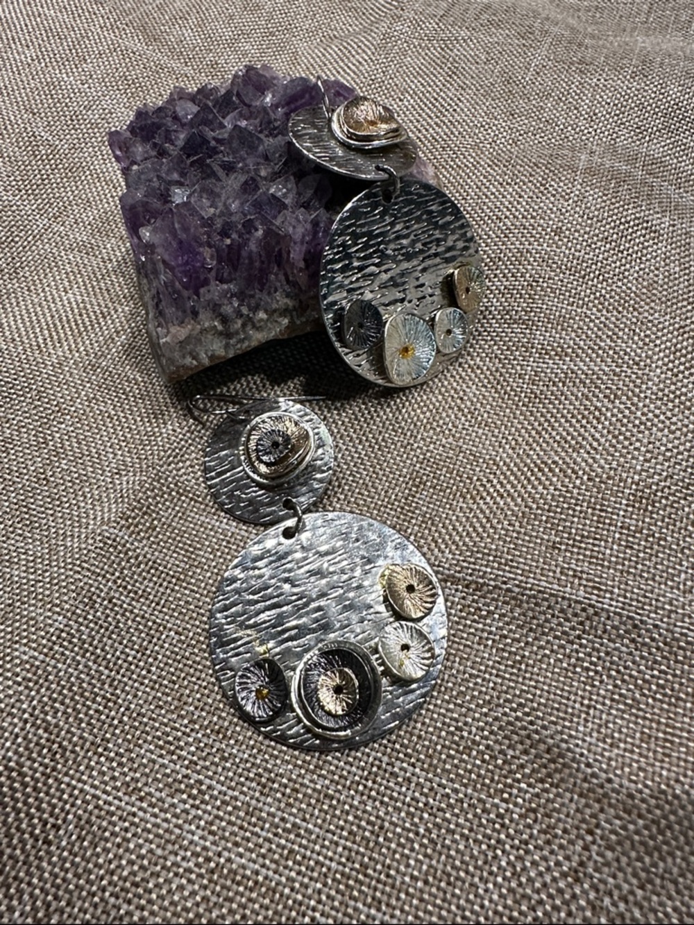 Silver and Gold Two-Tone Textured Disc Dangle Earrings